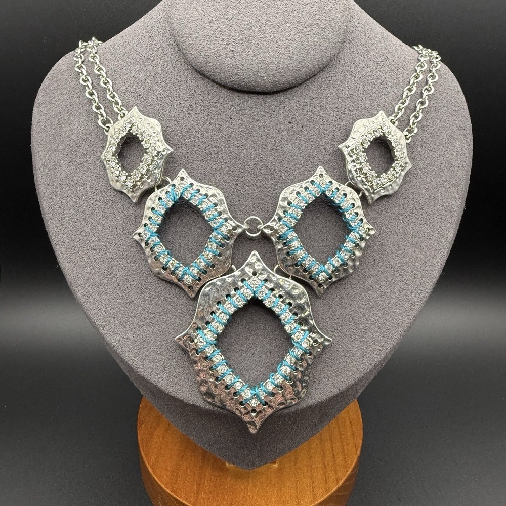 Vtg Erica Lyons Rhinestone & Turquoise Laced Bib Necklace Silver Tone Statement